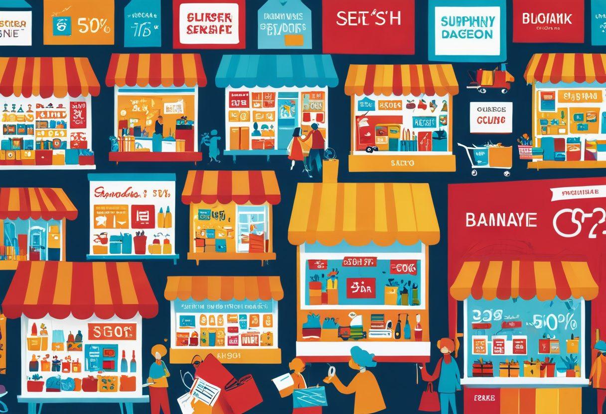 A bustling online marketplace teeming with vibrant discount signs, boxes of assorted products, and a variety of digital tools aiding eager shoppers. Include highlights on deep discounts, quality finds, and savvy shopping tips. Ensure a dynamic blend of excitement and strategy permeates the scene. vector art. vibrant colors.