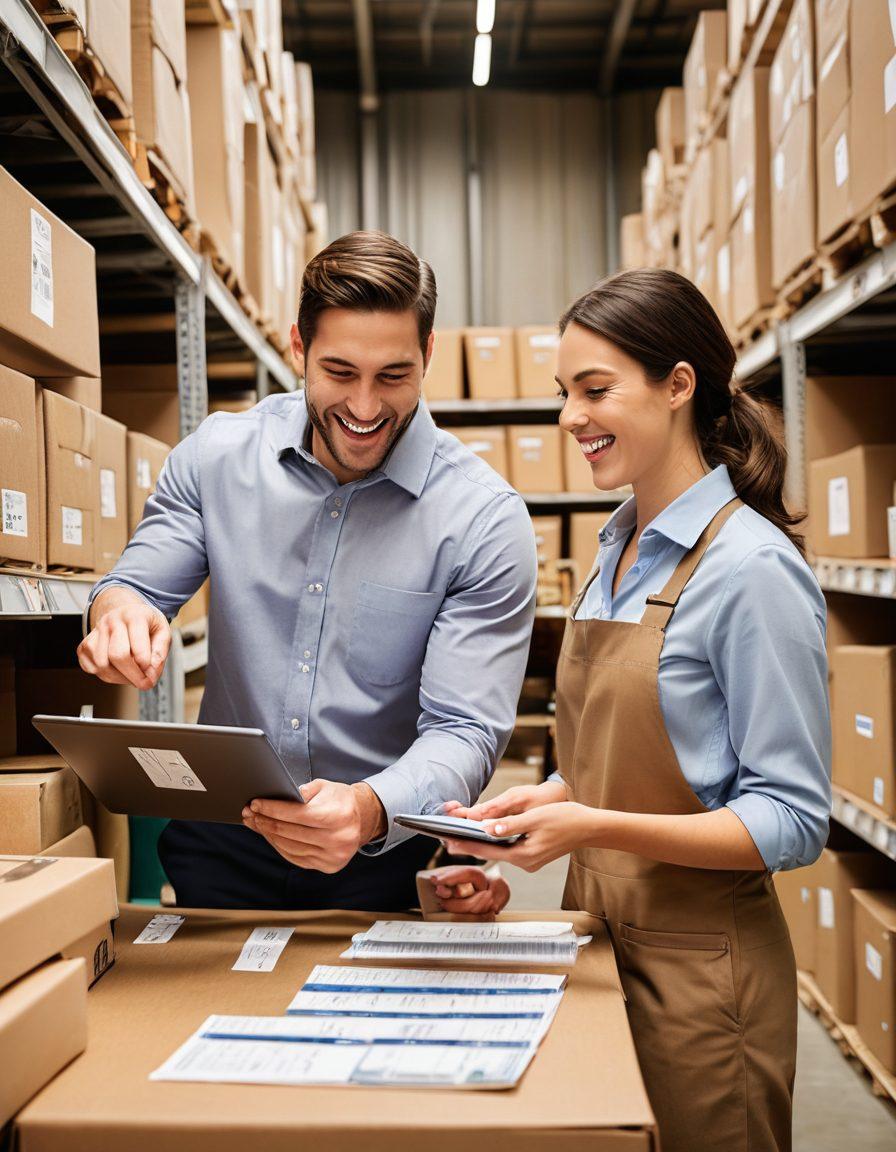 A bustling warehouse filled with organized shelves stacked with various products, some with 'Bulk Discount' and 'Clearance Sale' tags. A manager enthusiastically guiding a small business owner through calculations on a tablet, with a smile as they find the perfect deal. Background should hint at a streamlined inventory system with labels and boxes ready for dispatch. super-realistic. vibrant colors.