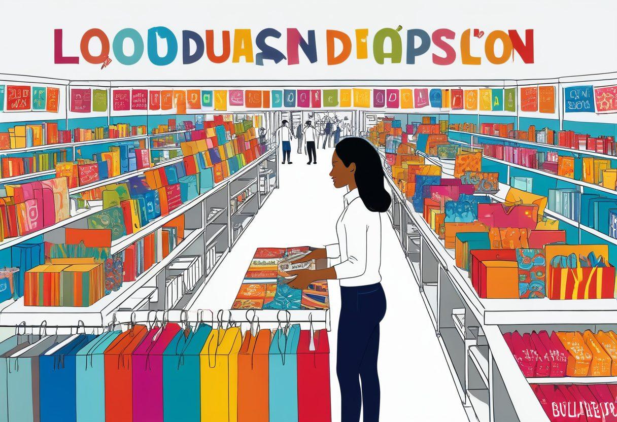 Illustration of a vibrant marketplace with people excitedly browsing through rows of shelves marked with discount tags, boxes labeled 'liquidation', and banners reading 'closeout deals'. Ensure a friendly shopkeeper at the counter, and a backdrop of bursting colorful sale signs. Vector art. vibrant colors. white background.